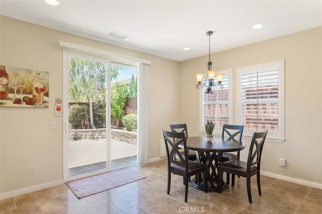 dining room with visible vents, baseboards, a notable chandelier, and recessed lighting