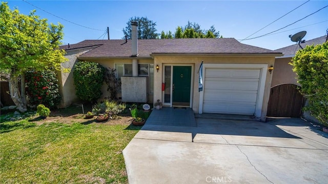 single story home featuring stucco siding, a front lawn, a gate, concrete driveway, and a garage