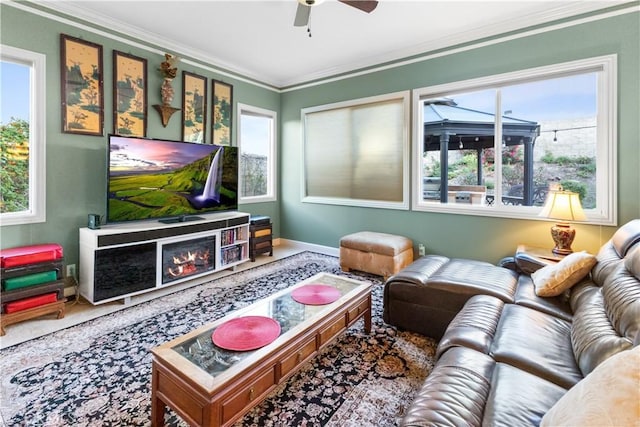 home theater room with a ceiling fan and crown molding