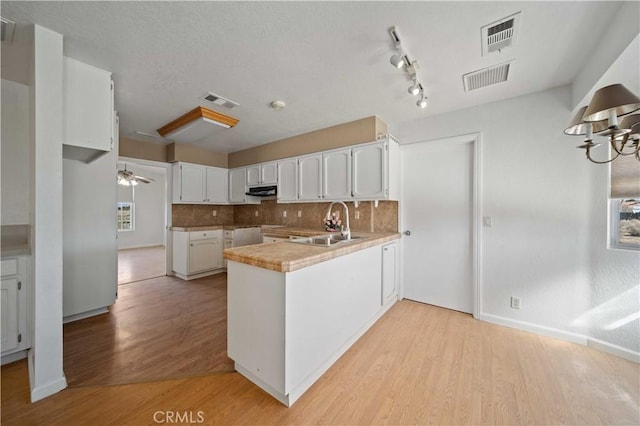 kitchen featuring a peninsula, light wood-style flooring, decorative backsplash, and a sink