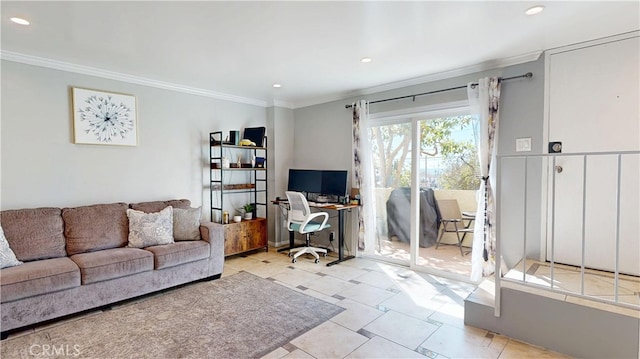 living room with recessed lighting and crown molding