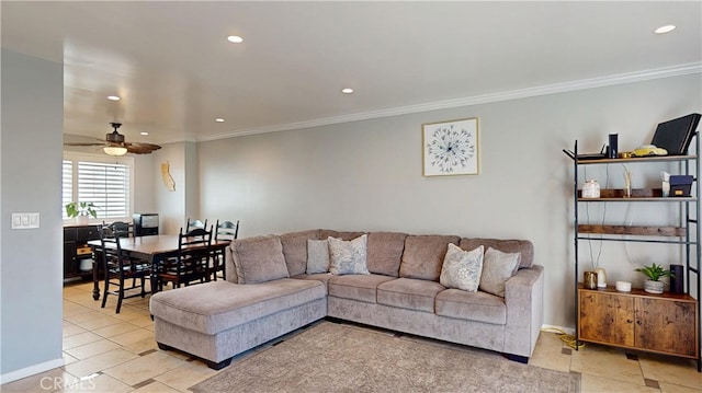 living room featuring ceiling fan, ornamental molding, light tile patterned flooring, and recessed lighting