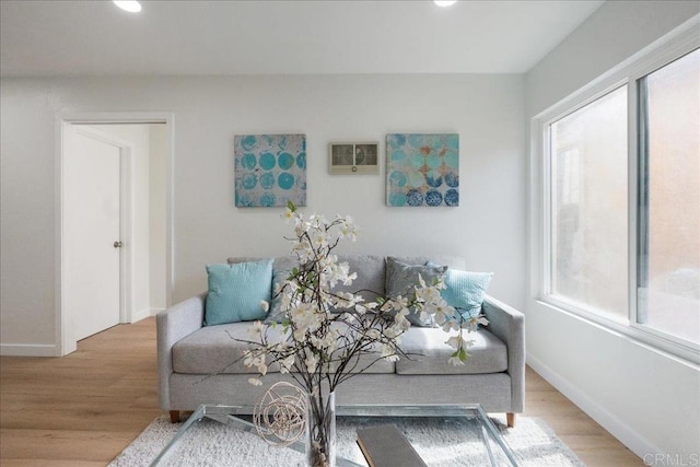 living area featuring recessed lighting, baseboards, and wood finished floors