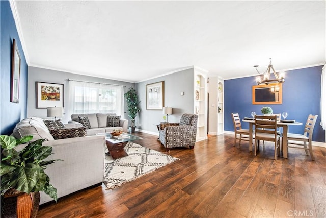 living area with wood-type flooring, baseboards, and crown molding