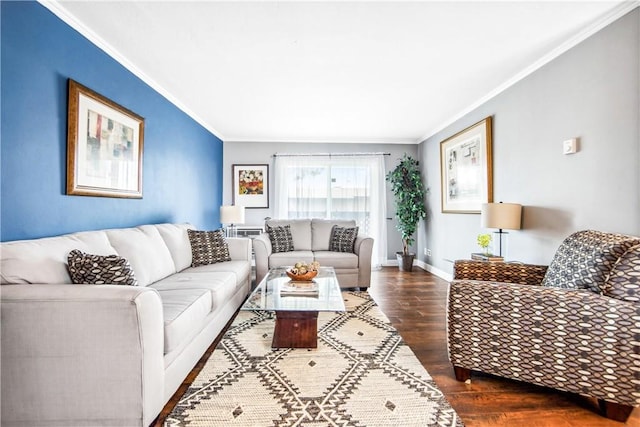 living area featuring dark wood-style floors, ornamental molding, and baseboards