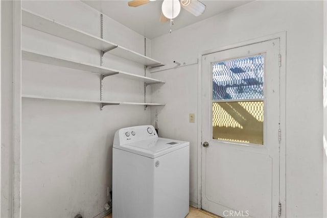 laundry room featuring ceiling fan, washer / dryer, and laundry area