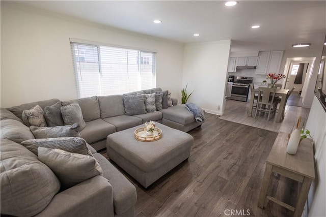 living area with baseboards, ornamental molding, wood finished floors, and recessed lighting