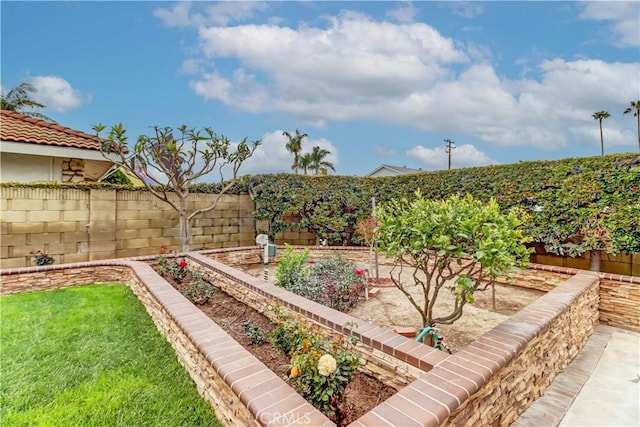 view of yard featuring a fenced backyard and a vegetable garden