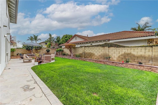 view of yard featuring a fenced backyard and a patio