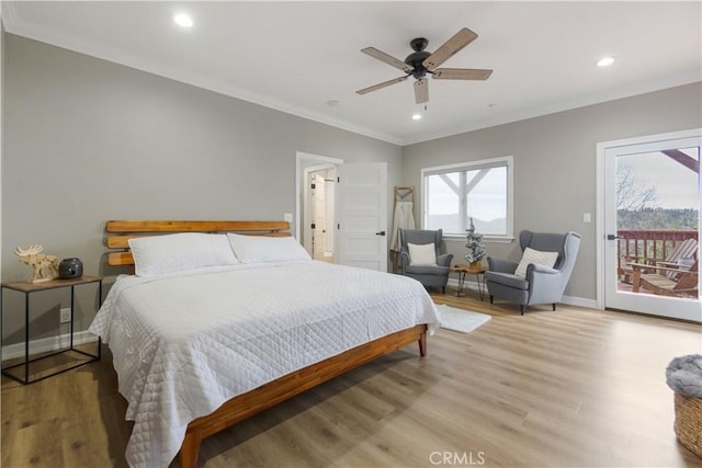 bedroom featuring light wood finished floors, access to outside, crown molding, and recessed lighting