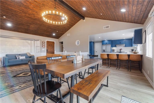 dining space featuring visible vents, wood ceiling, light wood-type flooring, high vaulted ceiling, and a notable chandelier