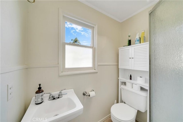 bathroom with toilet, crown molding, and a sink