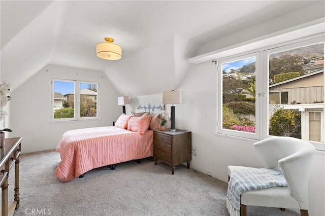 bedroom with lofted ceiling and carpet flooring