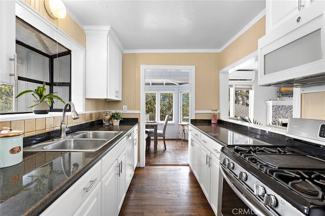 kitchen featuring dark wood-style floors, appliances with stainless steel finishes, a sink, and white cabinetry