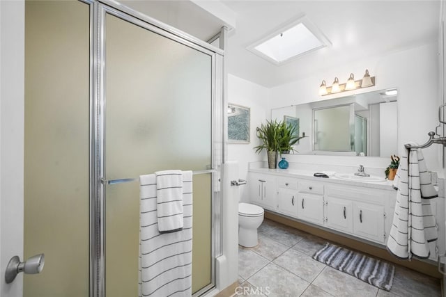 full bath with toilet, a shower stall, tile patterned flooring, and vanity