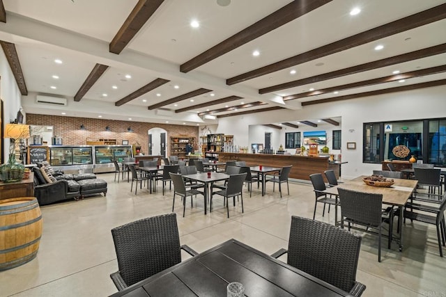 dining room featuring light tile patterned floors, beam ceiling, an AC wall unit, and recessed lighting