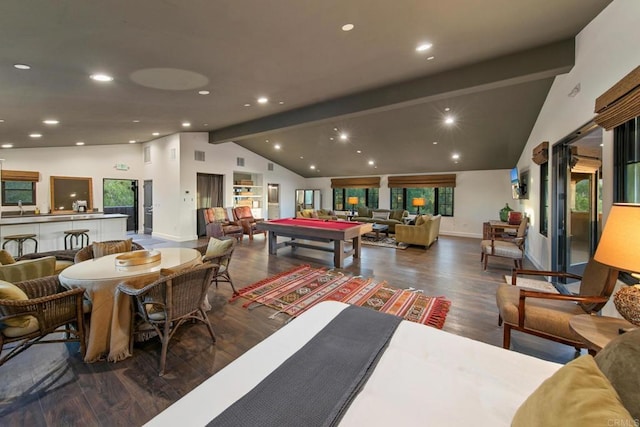 rec room with beam ceiling, dark wood finished floors, recessed lighting, billiards, and baseboards