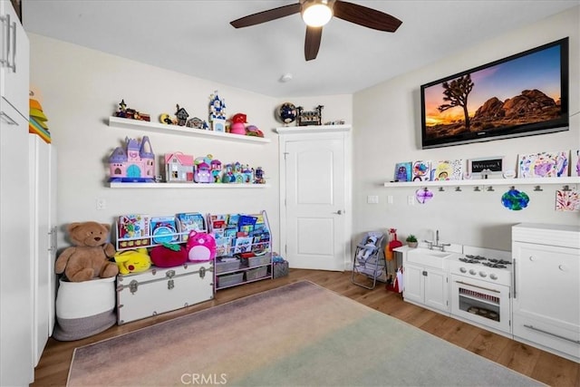 recreation room with wood finished floors and a ceiling fan