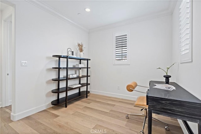 office area featuring baseboards, recessed lighting, light wood-style flooring, and crown molding