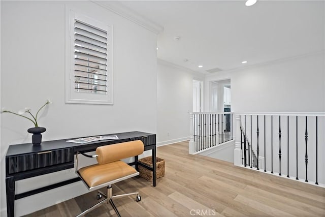 home office featuring baseboards, recessed lighting, wood finished floors, and crown molding