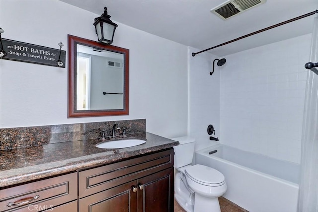 bathroom featuring  shower combination, visible vents, vanity, and toilet