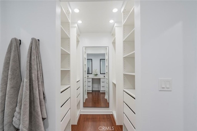 walk in closet featuring dark wood finished floors