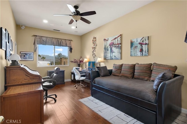 office space with recessed lighting, wood finished floors, visible vents, baseboards, and a ceiling fan