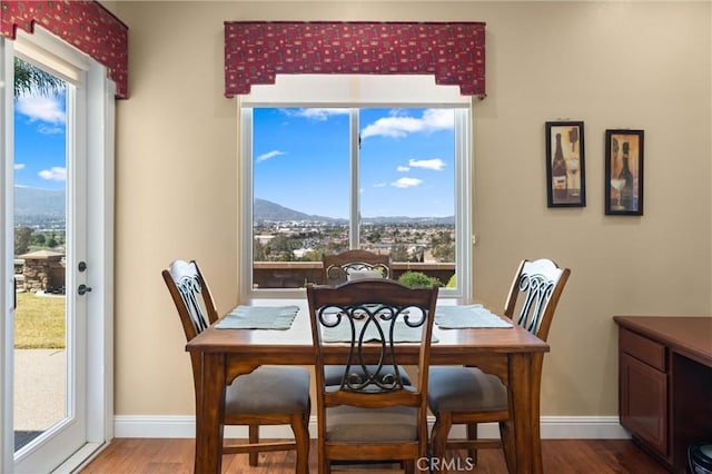 dining area featuring wood finished floors, a mountain view, and baseboards