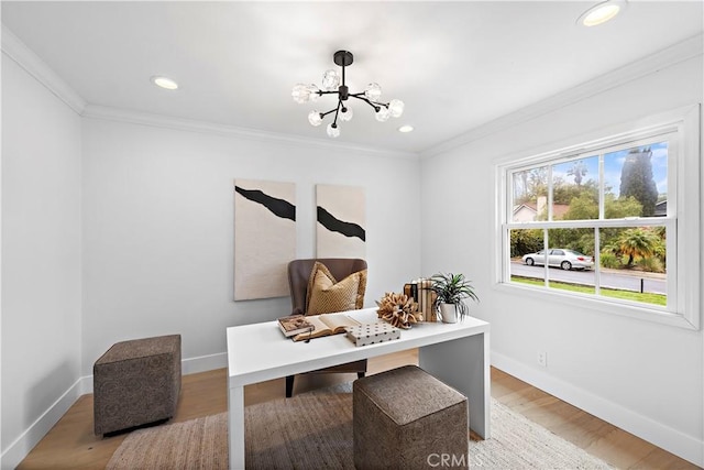 office featuring recessed lighting, baseboards, an inviting chandelier, and crown molding