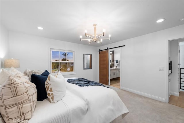 bedroom featuring a chandelier, baseboards, recessed lighting, and a barn door