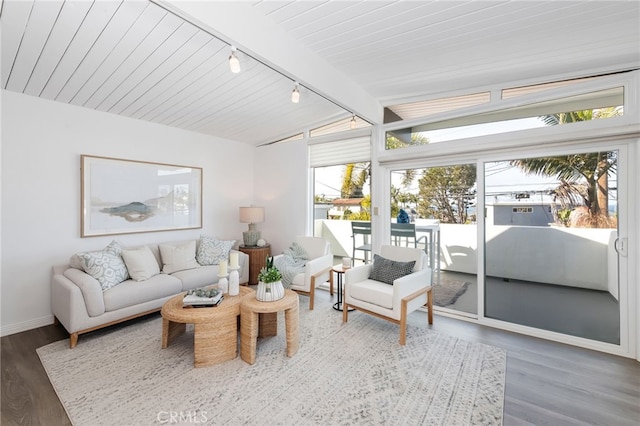 sunroom featuring lofted ceiling with beams and track lighting