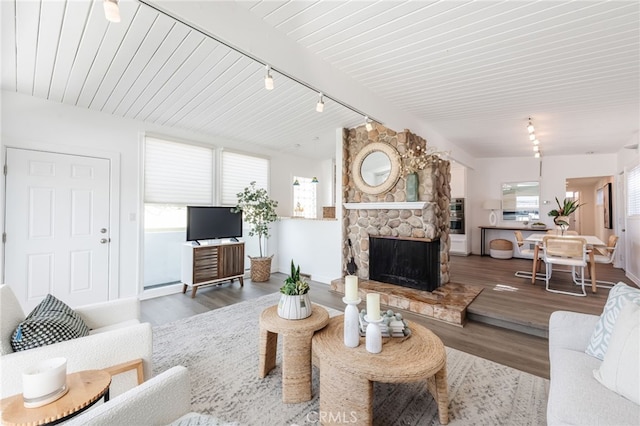 living room featuring baseboards, a stone fireplace, wood finished floors, and track lighting