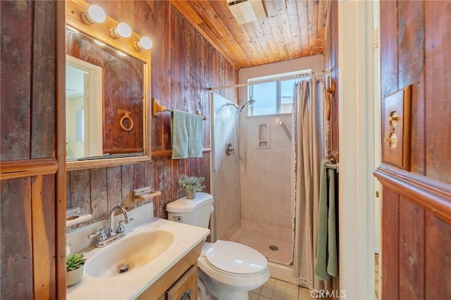 bathroom with toilet, wooden ceiling, vanity, wood walls, and a shower stall