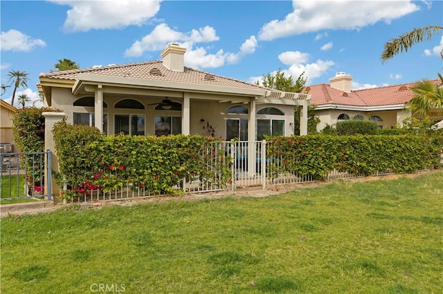 82745 Odlum Dr, Indio, CA 92201 - back of property featuring ceiling fan, a chimney, stucco siding, and a tile roof