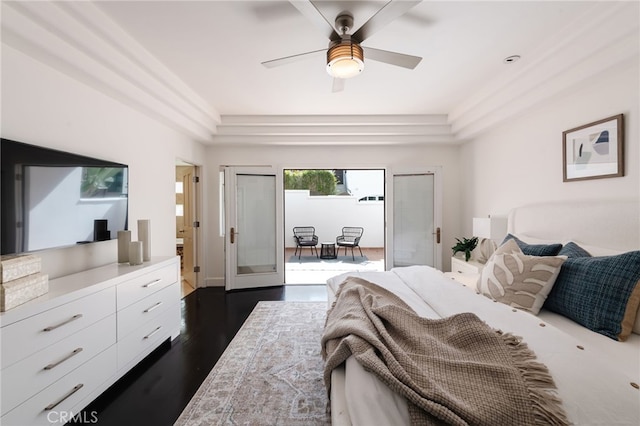 bedroom with dark wood-style floors, french doors, a ceiling fan, and access to exterior