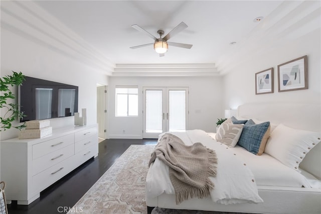 bedroom featuring dark wood-style floors, french doors, a ceiling fan, and access to outside