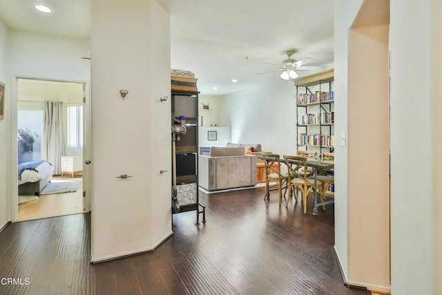 kitchen featuring dark wood-type flooring, recessed lighting, and ceiling fan