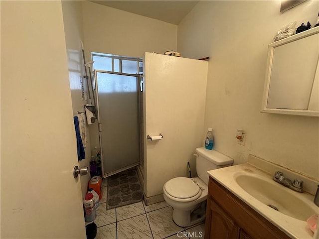 bathroom with vanity, a shower stall, and toilet