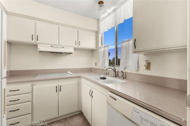 kitchen featuring under cabinet range hood, light countertops, white dishwasher, white cabinetry, and a sink