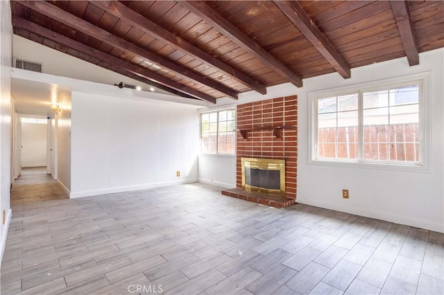 unfurnished living room with wood ceiling, visible vents, vaulted ceiling with beams, and a fireplace