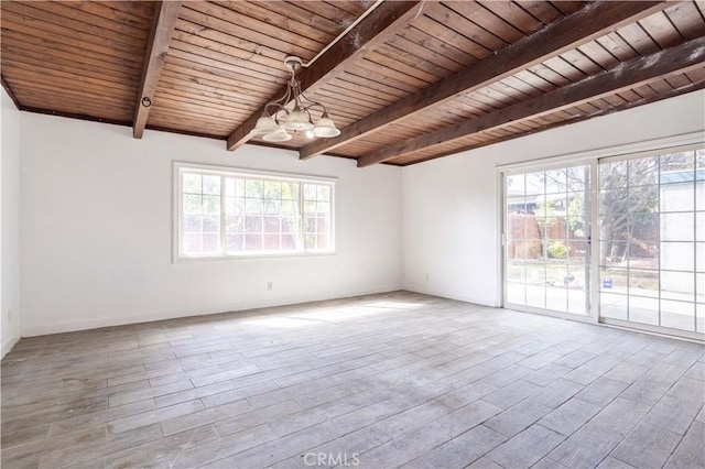 spare room featuring a chandelier, wooden ceiling, wood finished floors, and beam ceiling