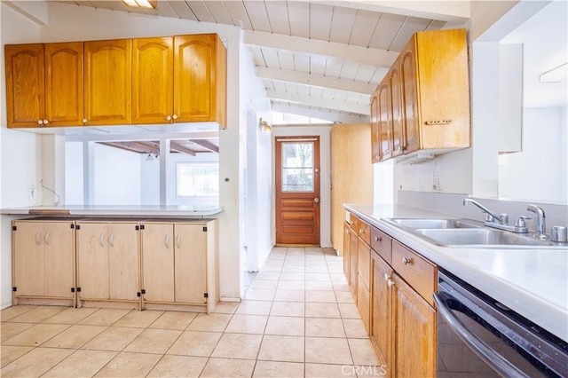 kitchen with vaulted ceiling with beams, light tile patterned flooring, a sink, light countertops, and dishwasher