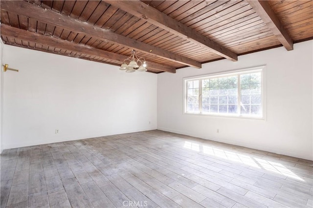 spare room featuring beamed ceiling, wooden ceiling, wood finished floors, and an inviting chandelier