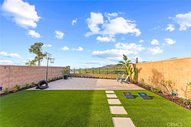 view of yard with a patio and a fenced backyard