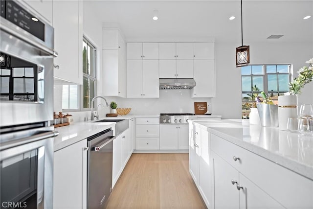 kitchen with visible vents, under cabinet range hood, a sink, stainless steel appliances, and light wood finished floors