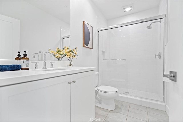 full bathroom featuring toilet, a stall shower, vanity, and tile patterned flooring