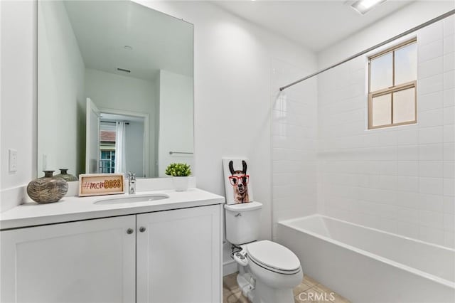 bathroom featuring shower / bathing tub combination, toilet, a healthy amount of sunlight, and vanity