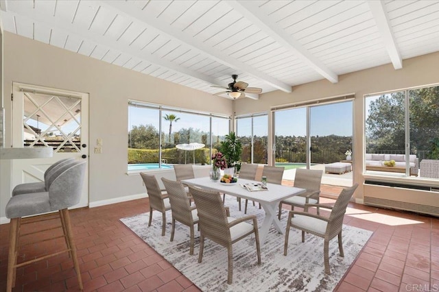 sunroom featuring a ceiling fan, beam ceiling, and radiator heating unit