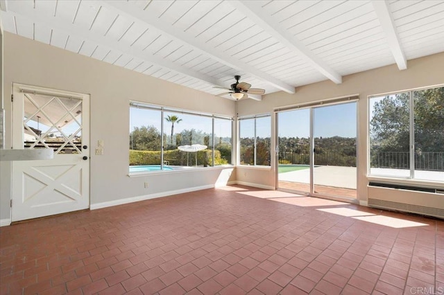 unfurnished sunroom with ceiling fan, beam ceiling, and radiator