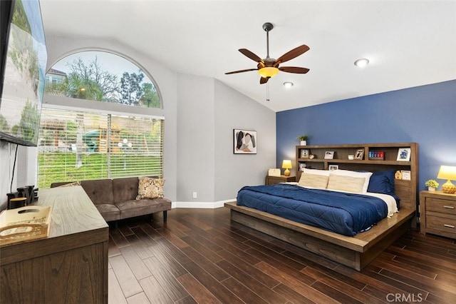 bedroom featuring baseboards, high vaulted ceiling, a ceiling fan, and wood tiled floor